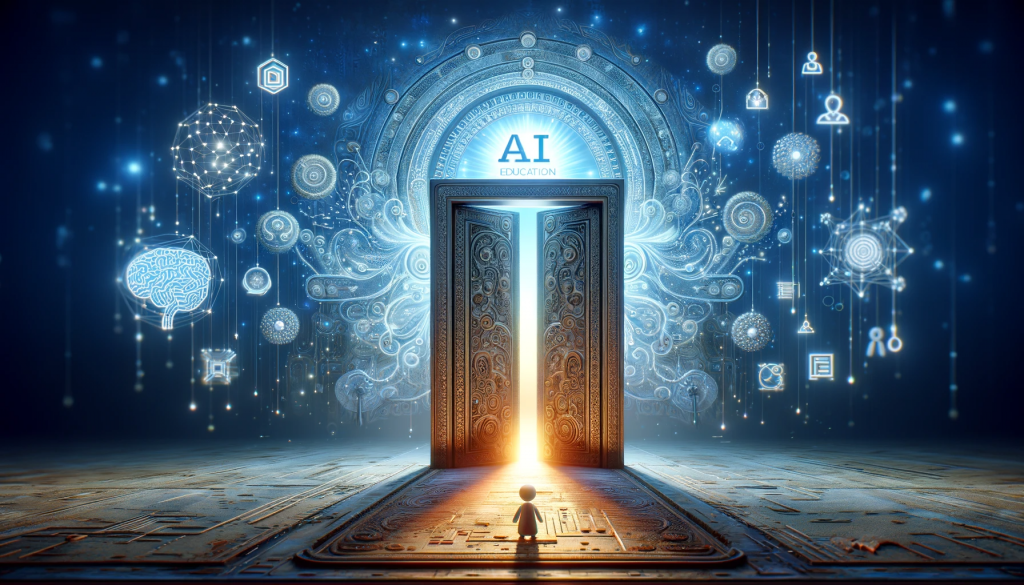 A person looks through an elegant gateway with the sign AI at the top