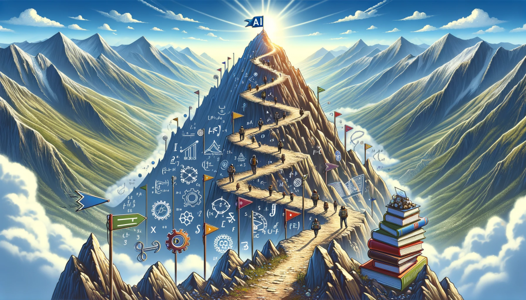 A wide angle ratio illustration depicting a winding road going towards a mountain summit labeled "AI"