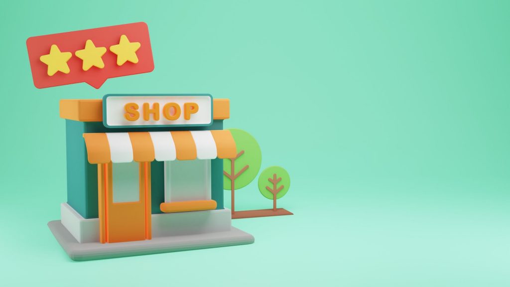 A cute little play-do style store that says the word "Shop" to represent Online Shopping
