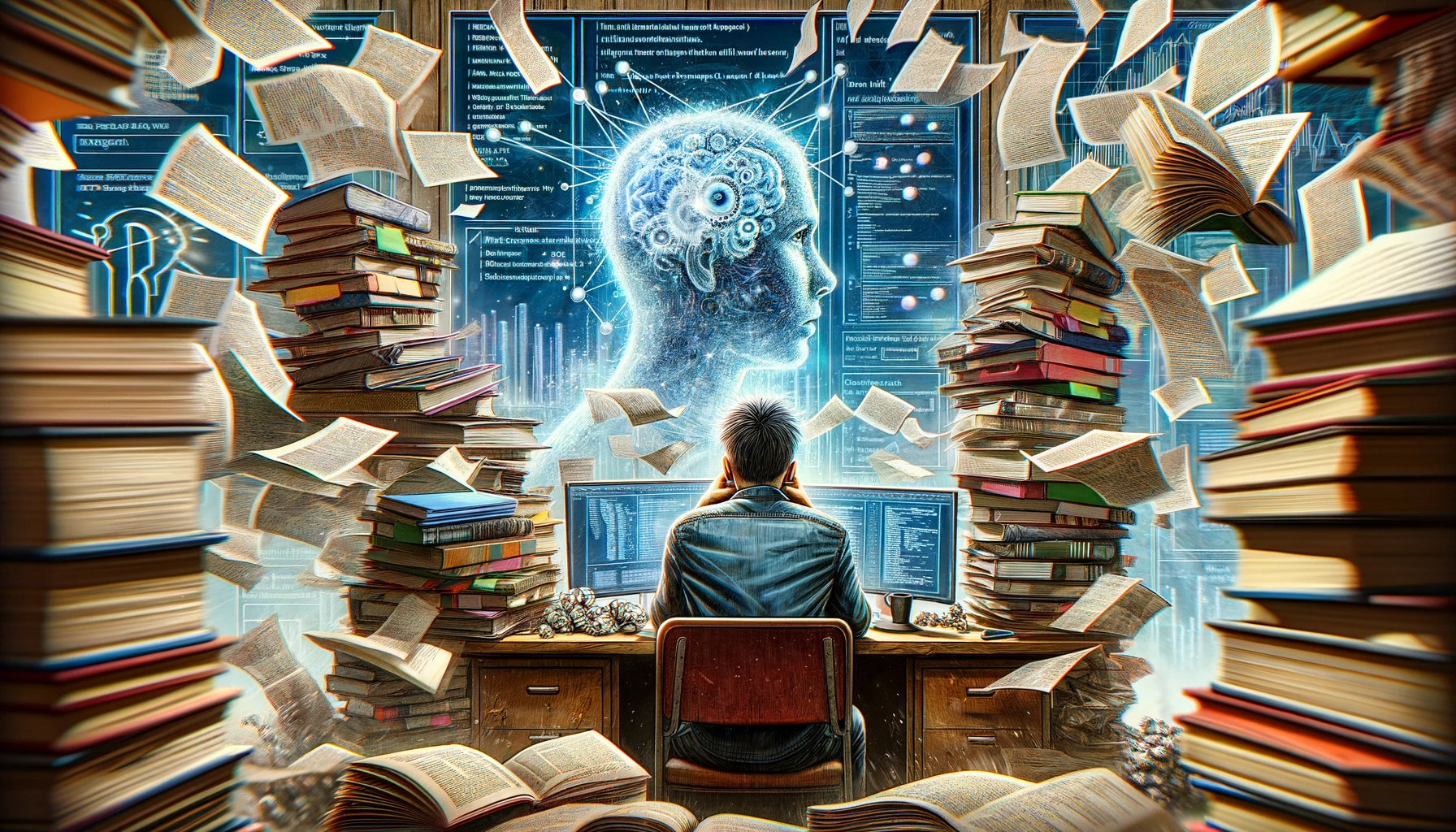 An image of a person in front of a computer seeing an AI hologram overwhelmed with documents flying around all over the desk