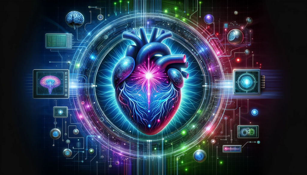 A graphic of a Heart in digital illustrative style with digital connections, representing the concept of how Machine Learning is the heart of AI