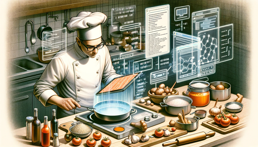 A chef cooking up algorithmic recipes in order to symbolically illustrate how Algorithms are like recipes