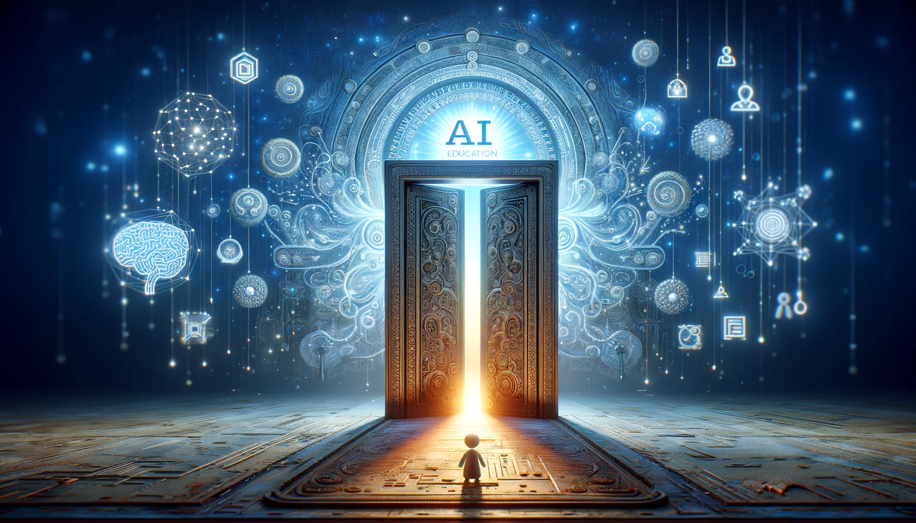 A person looks through an elegant gateway with the sign AI at the top